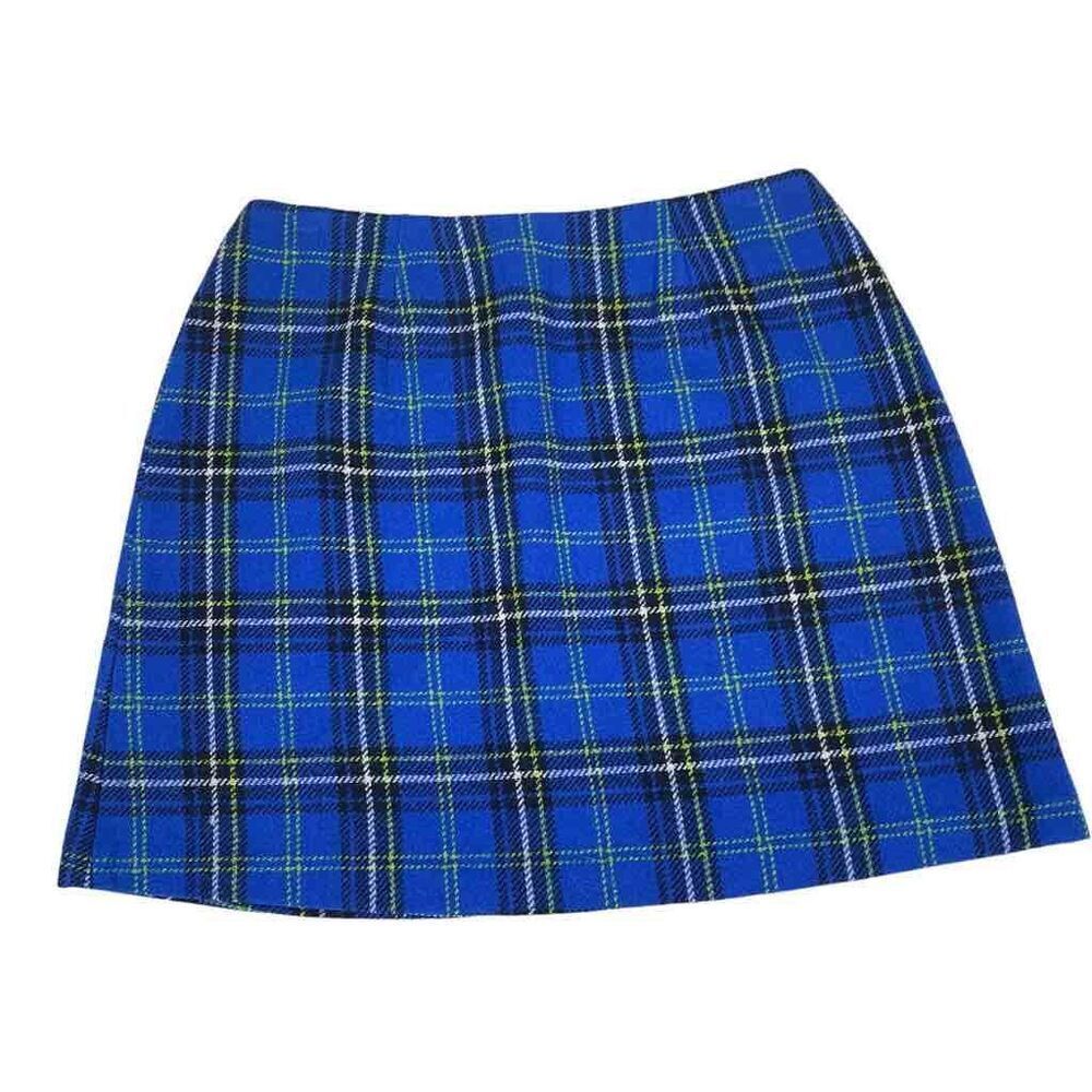 Juniors Express Wool Blend Blue and Lime Green Plaid Mini Skirt size 9 Y2K Schoo